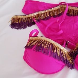 Hand Embellish Bikini w/Layered Gold/Purple Fringe